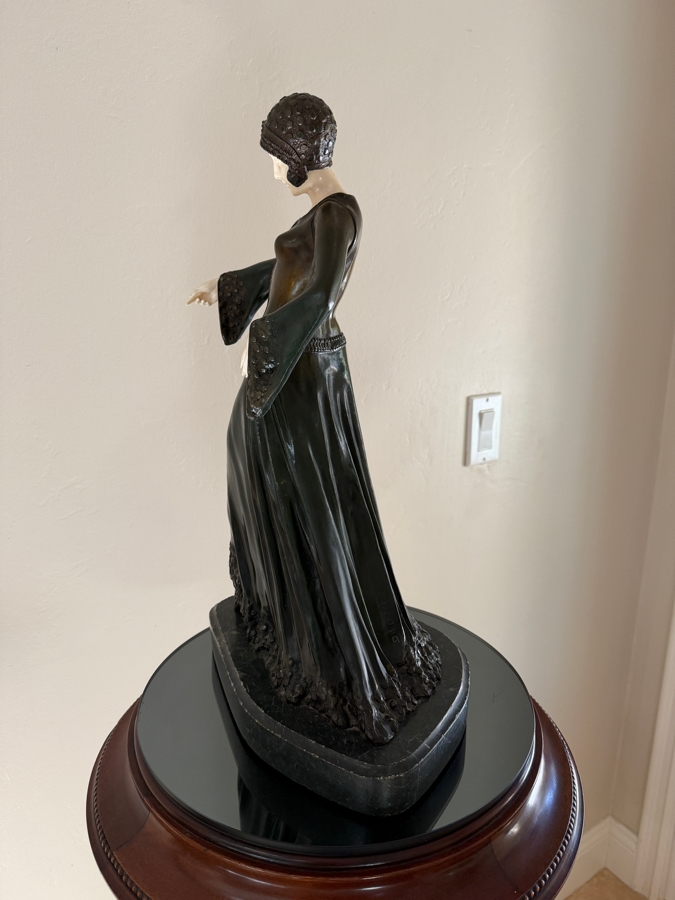 After Dimitri H. Chiparus (1886-1947) Art Deco Bronze Sculpture of Woman With Carved Face On Marble Base Signed D H Chiparus 18.5'H [Photo 7]