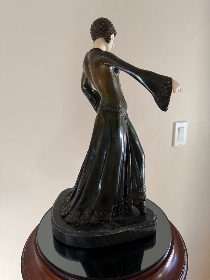 After Dimitri H. Chiparus (1886-1947) Art Deco Bronze Sculpture of Woman With Carved Face On Marble Base Signed D H Chiparus 18.5'H [Photo 10]