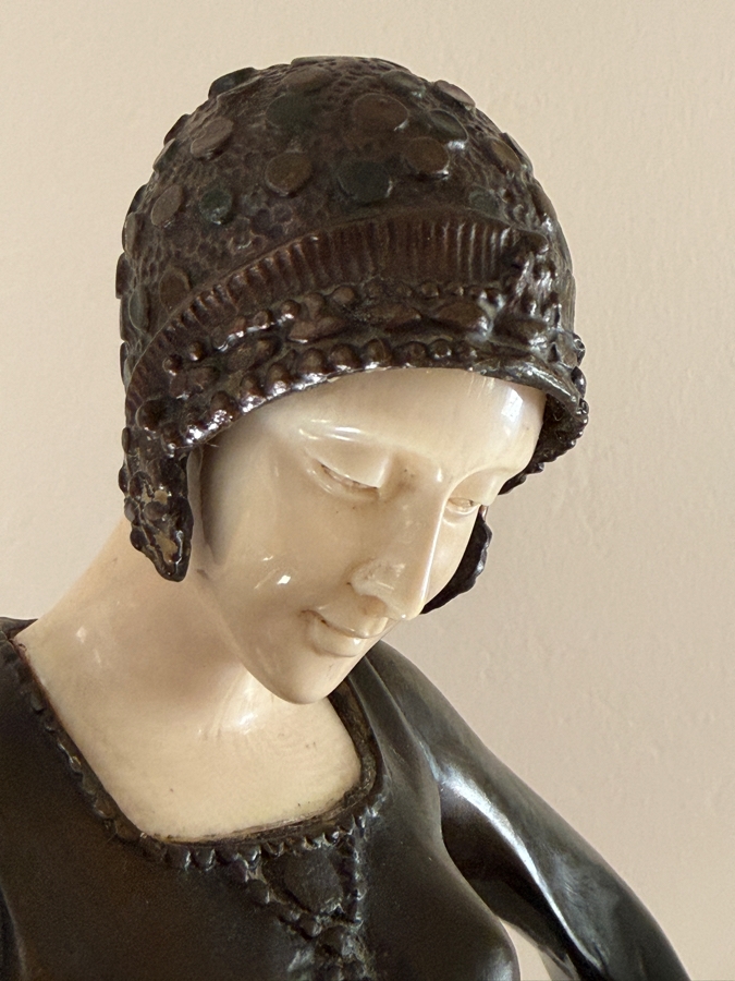 After Dimitri H. Chiparus (1886-1947) Art Deco Bronze Sculpture of Woman With Carved Face On Marble Base Signed D H Chiparus 18.5'H [Photo 12]