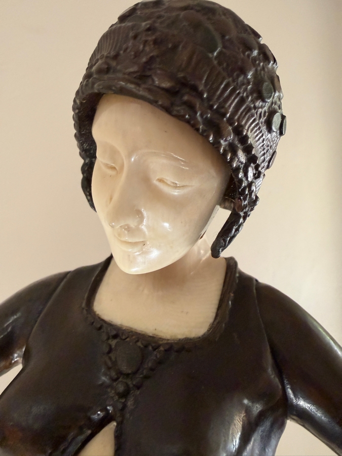 After Dimitri H. Chiparus (1886-1947) Art Deco Bronze Sculpture of Woman With Carved Face On Marble Base Signed D H Chiparus 18.5'H [Photo 5]