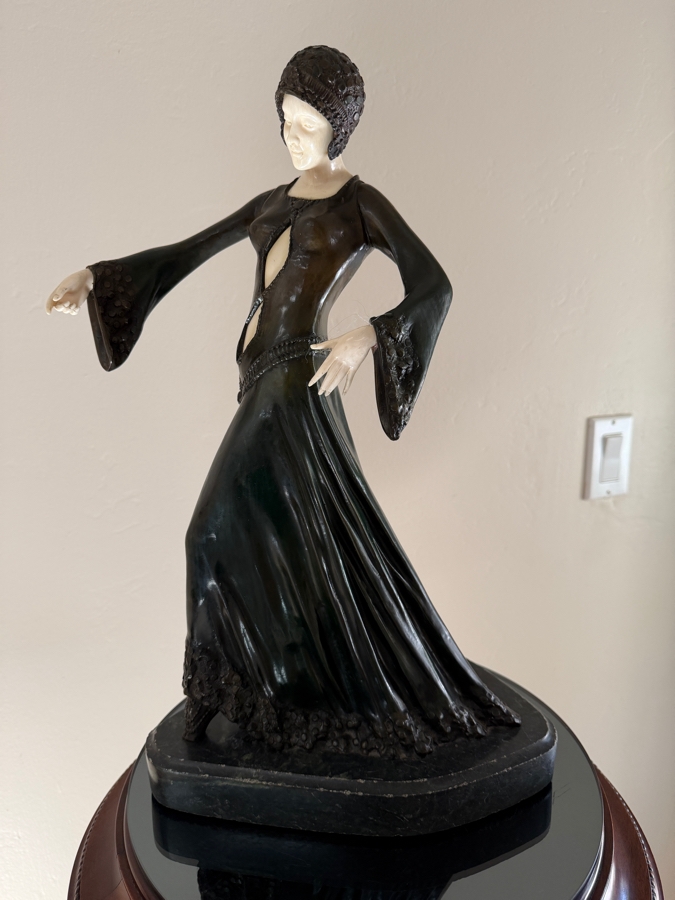After Dimitri H. Chiparus (1886-1947) Art Deco Bronze Sculpture of Woman With Carved Face On Marble Base Signed D H Chiparus 18.5'H [Photo 3]