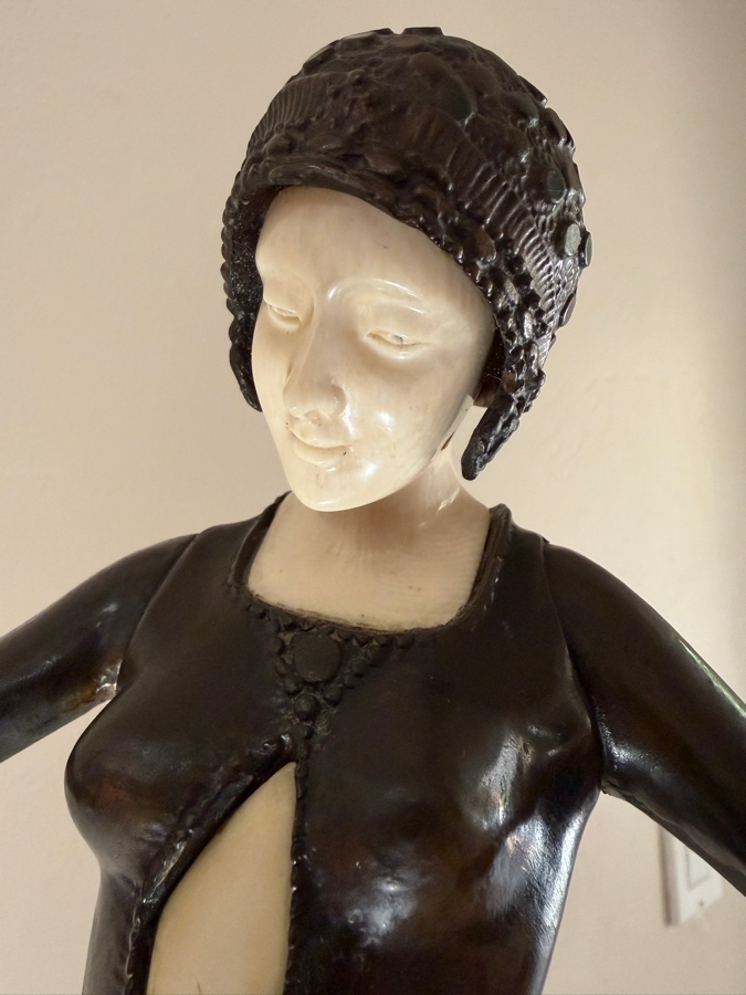 After Dimitri H. Chiparus (1886-1947) Art Deco Bronze Sculpture of Woman With Carved Face On Marble Base Signed D H Chiparus 18.5'H [Photo 4]