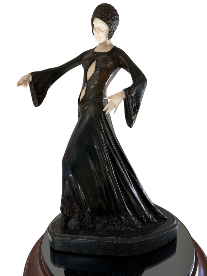 After Dimitri H. Chiparus (1886-1947) Art Deco Bronze Sculpture of Woman With Carved Face On Marble Base Signed D H Chiparus 18.5'H