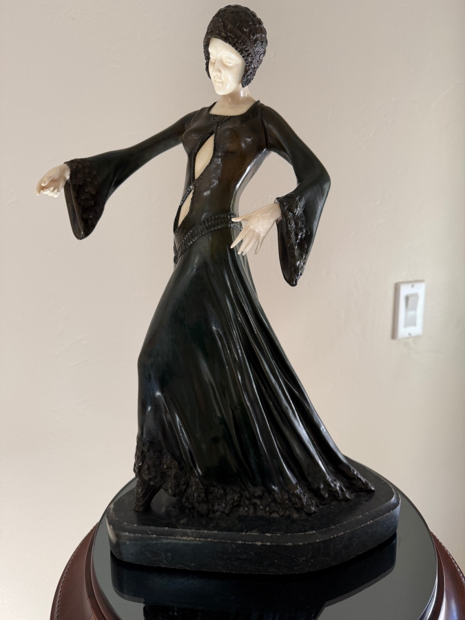 After Dimitri H. Chiparus (1886-1947) Art Deco Bronze Sculpture of Woman With Carved Face On Marble Base Signed D H Chiparus 18.5'H [Photo 2]