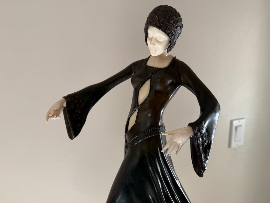After Dimitri H. Chiparus (1886-1947) Art Deco Bronze Sculpture of Woman With Carved Face On Marble Base Signed D H Chiparus 18.5'H [Photo 6]