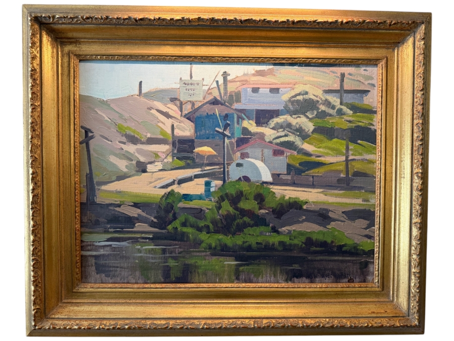 Samuel Hyde Harris (1889-1977, England/California) Original Landscape Oil Painting On Board Titled 'Young's Beach Camp' Signed Lower Right By Samuel Hyde Harris & Signed And Dated Verso 1980 By His Wife Mrs. Samuel Hyde Harris 24' X 18' Framed 32' X 25.5'