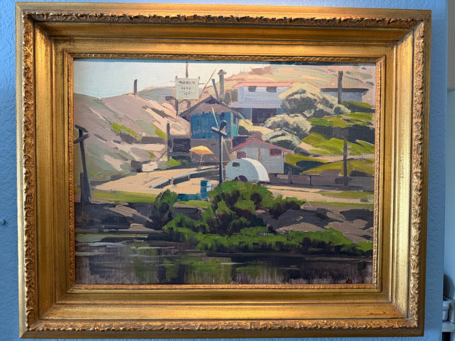 Samuel Hyde Harris (1889-1977, England/California) Original Landscape Oil Painting On Board Titled 'Young's Beach Camp' Signed Lower Right By Samuel Hyde Harris & Signed And Dated Verso 1980 By His Wife Mrs. Samuel Hyde Harris 24' X 18' Framed 32' X 25.5' [Photo 3]