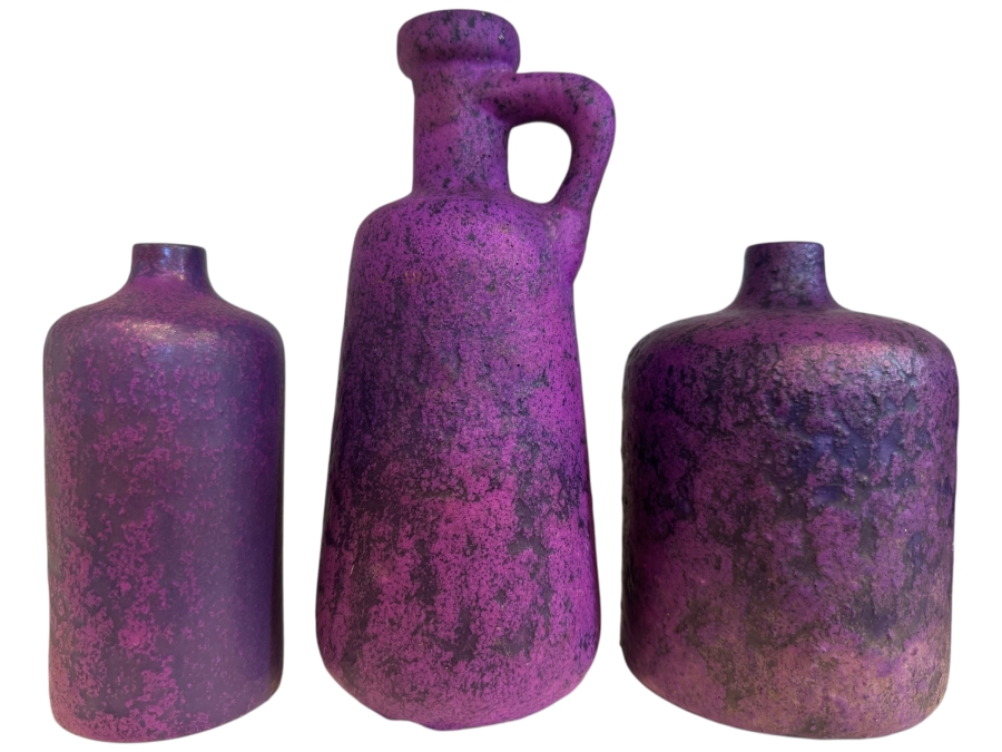 Vintage West German Otto Keramik Purple Fat Lava Glaze Pottery Vases, Set Of Three, Designed By Otto Gerharz, Mid-Century Modern, Circa 1960s-1970s 6.5' - 9'H