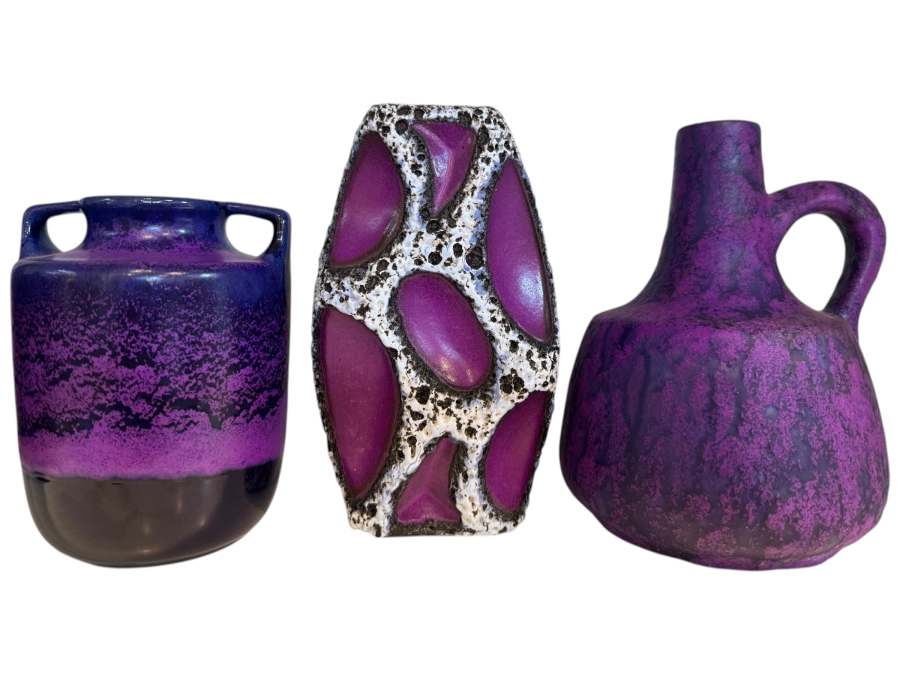 Vintage West German Otto Keramik Purple Fat Lava Glaze Pottery Vases, Set Of Three, Designed By Otto Gerharz, Mid-Century Modern, Circa 1960s-1970s 6.5' - 7.25'H