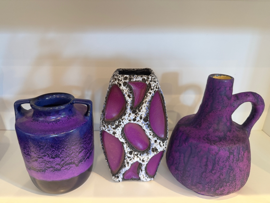 Vintage West German Otto Keramik Purple Fat Lava Glaze Pottery Vases, Set Of Three, Designed By Otto Gerharz, Mid-Century Modern, Circa 1960s-1970s 6.5' - 7.25'H [Photo 2]