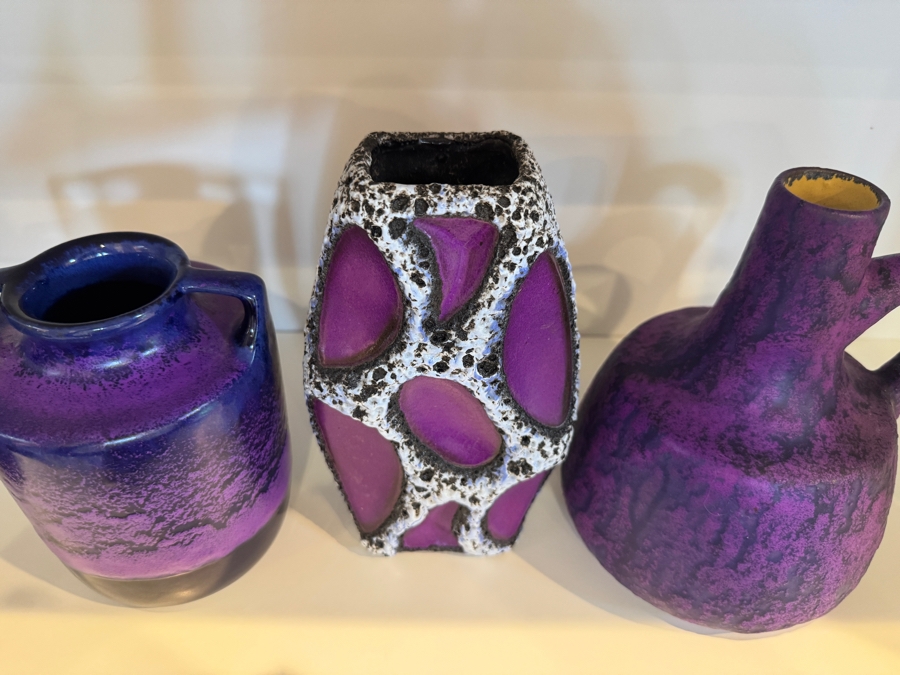 Vintage West German Otto Keramik Purple Fat Lava Glaze Pottery Vases, Set Of Three, Designed By Otto Gerharz, Mid-Century Modern, Circa 1960s-1970s 6.5' - 7.25'H [Photo 3]