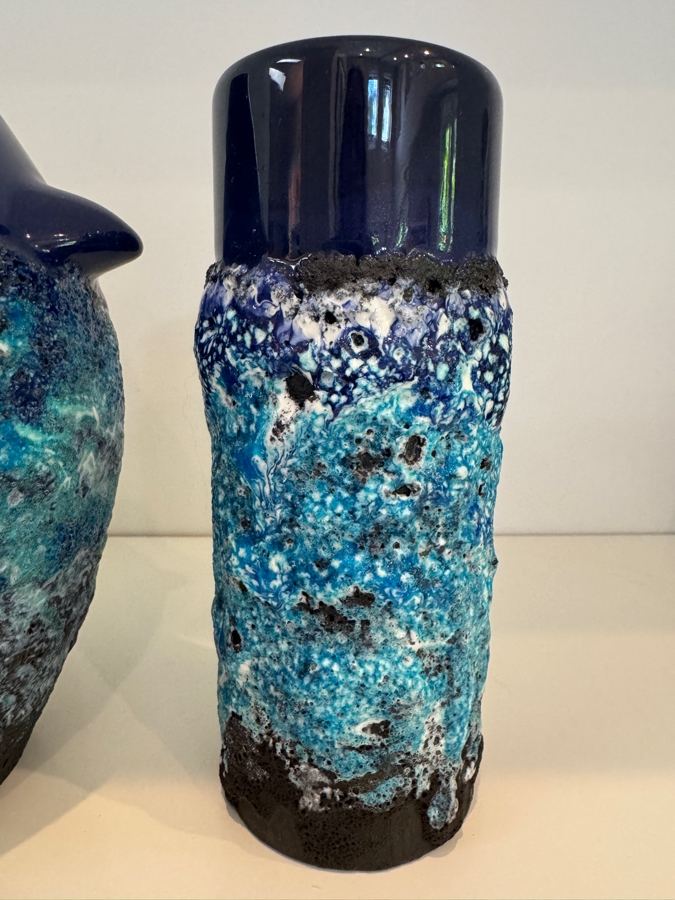 Set of (2) Vintage West German Marei Keramik 'Capri' Fat Lava Vases Including  One Penguin Vase Shape 104 and Shape 50/2 In Vibrant Cobalt Blue Glossy Glaze Over Textured Volcanic Crater Base, Mid-Century Modern Art Pottery, Circa 1960s-1970s 6.5' - 7.5'H [Photo 4]