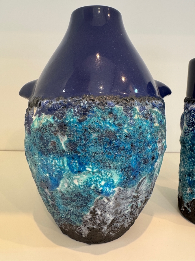 Set of (2) Vintage West German Marei Keramik 'Capri' Fat Lava Vases Including  One Penguin Vase Shape 104 and Shape 50/2 In Vibrant Cobalt Blue Glossy Glaze Over Textured Volcanic Crater Base, Mid-Century Modern Art Pottery, Circa 1960s-1970s 6.5' - 7.5'H [Photo 3]
