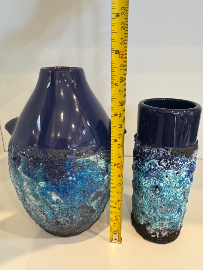 Set of (2) Vintage West German Marei Keramik 'Capri' Fat Lava Vases Including  One Penguin Vase Shape 104 and Shape 50/2 In Vibrant Cobalt Blue Glossy Glaze Over Textured Volcanic Crater Base, Mid-Century Modern Art Pottery, Circa 1960s-1970s 6.5' - 7.5'H [Photo 7]