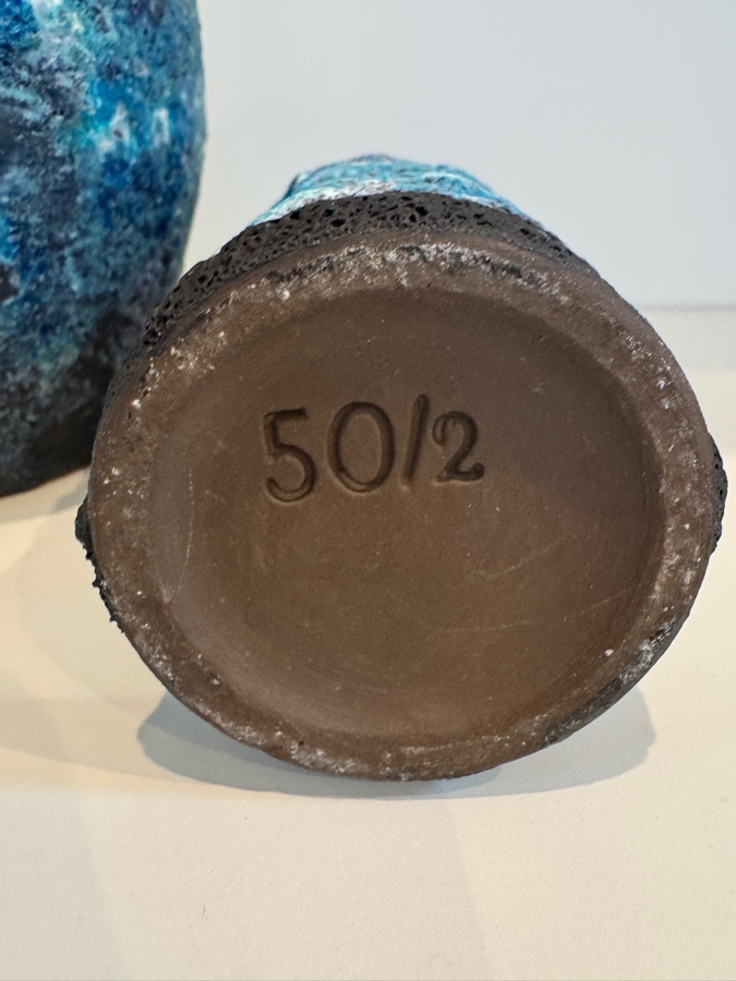 Set of (2) Vintage West German Marei Keramik 'Capri' Fat Lava Vases Including  One Penguin Vase Shape 104 and Shape 50/2 In Vibrant Cobalt Blue Glossy Glaze Over Textured Volcanic Crater Base, Mid-Century Modern Art Pottery, Circa 1960s-1970s 6.5' - 7.5'H [Photo 6]
