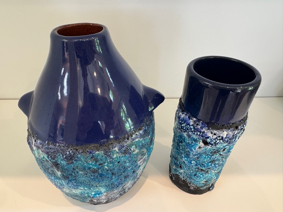 Set of (2) Vintage West German Marei Keramik 'Capri' Fat Lava Vases Including  One Penguin Vase Shape 104 and Shape 50/2 In Vibrant Cobalt Blue Glossy Glaze Over Textured Volcanic Crater Base, Mid-Century Modern Art Pottery, Circa 1960s-1970s 6.5' - 7.5'H [Photo 2]