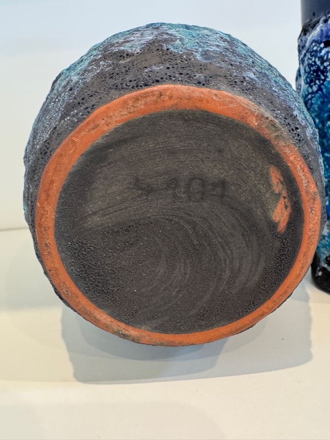 Set of (2) Vintage West German Marei Keramik 'Capri' Fat Lava Vases Including  One Penguin Vase Shape 104 and Shape 50/2 In Vibrant Cobalt Blue Glossy Glaze Over Textured Volcanic Crater Base, Mid-Century Modern Art Pottery, Circa 1960s-1970s 6.5' - 7.5'H [Photo 5]