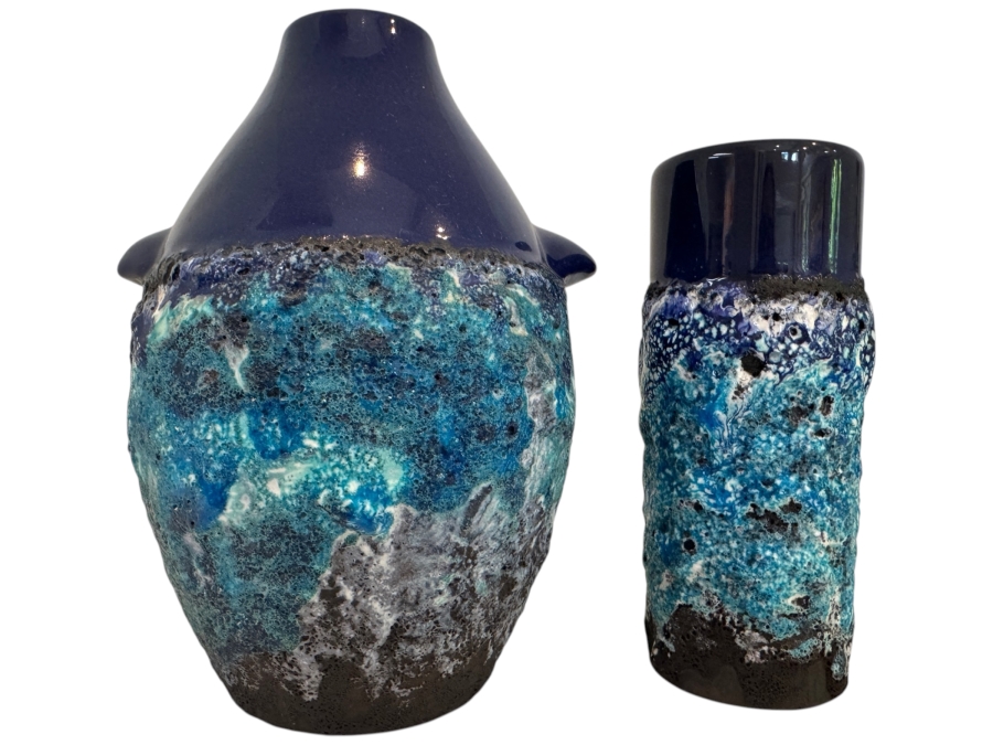 Set of (2) Vintage West German Marei Keramik 'Capri' Fat Lava Vases Including  One Penguin Vase Shape 104 and Shape 50/2 In Vibrant Cobalt Blue Glossy Glaze Over Textured Volcanic Crater Base, Mid-Century Modern Art Pottery, Circa 1960s-1970s 6.5' - 7.5'H