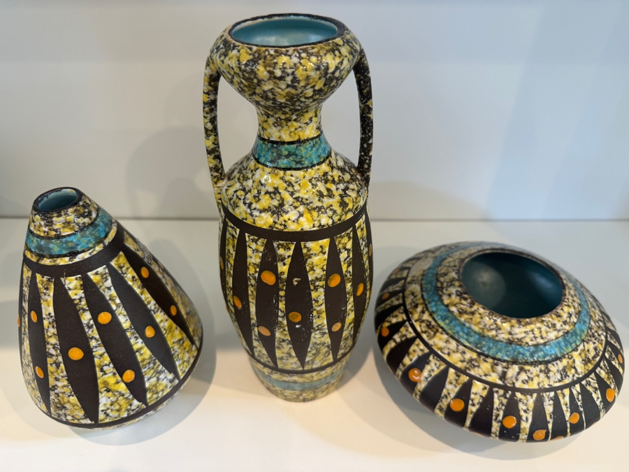 Vintage West German Bay Keramik 'Arizona' Pottery Collection By Bodo Mans, Set Of Three Geometric Vases, MCM Art Pottery, Circa 1961 7'H, 10'H And 4'H [Photo 2]