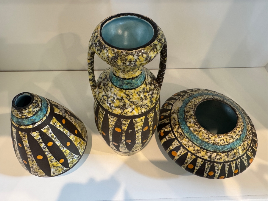 Vintage West German Bay Keramik 'Arizona' Pottery Collection By Bodo Mans, Set Of Three Geometric Vases, MCM Art Pottery, Circa 1961 7'H, 10'H And 4'H [Photo 3]