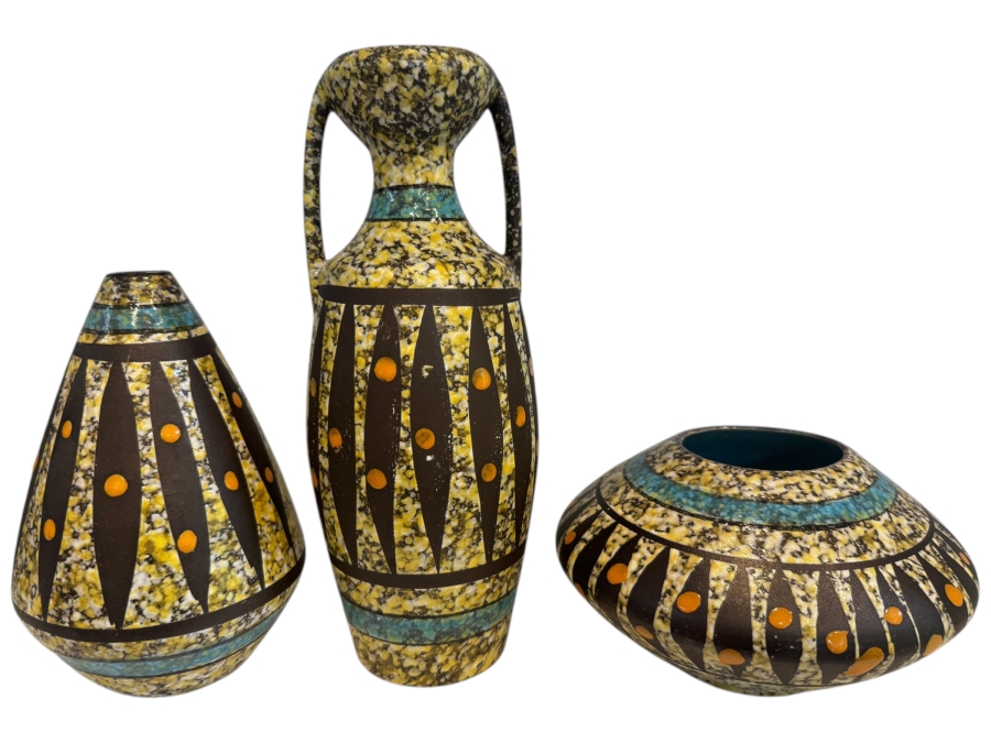 Vintage West German Bay Keramik 'Arizona' Pottery Collection By Bodo Mans, Set Of Three Geometric Vases, MCM Art Pottery, Circa 1961 7'H, 10'H And 4'H
