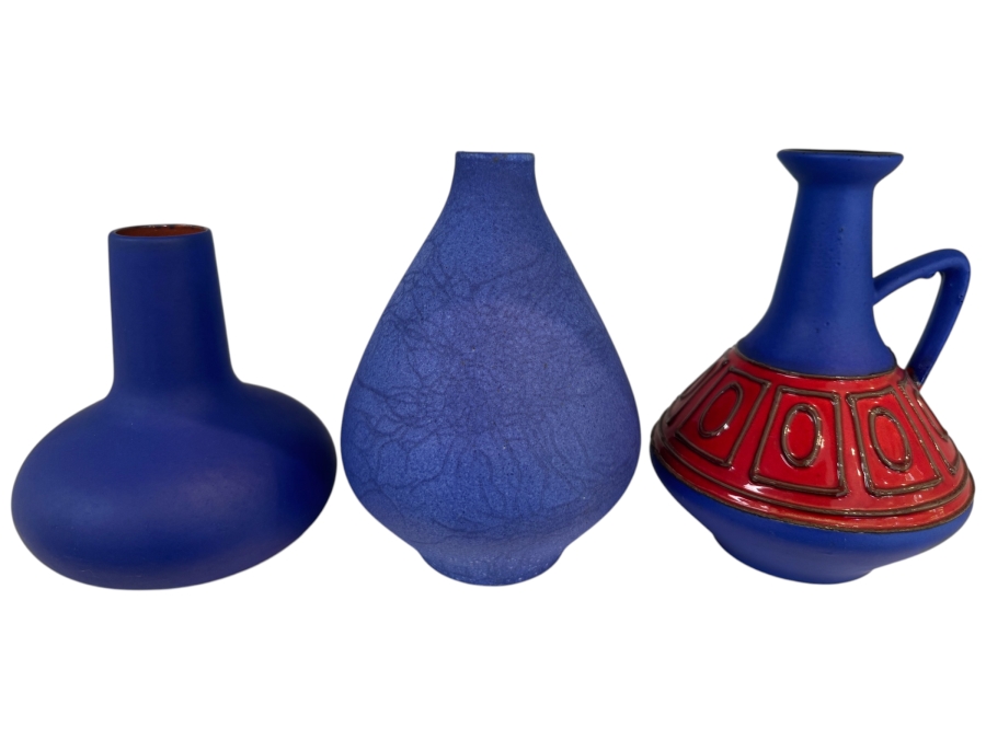 Vintage West German Blue Art Pottery Collection Featuring Carstens Tönnieshof Model 111, Hartwig Heyne Studio Pottery With 'Hey' Signature, And Steuler Keramik Shape 2025/20, Mid-Century Modern Matte And Cobalt Glazes, Circa 1960s-1970s 7'H - 8'H