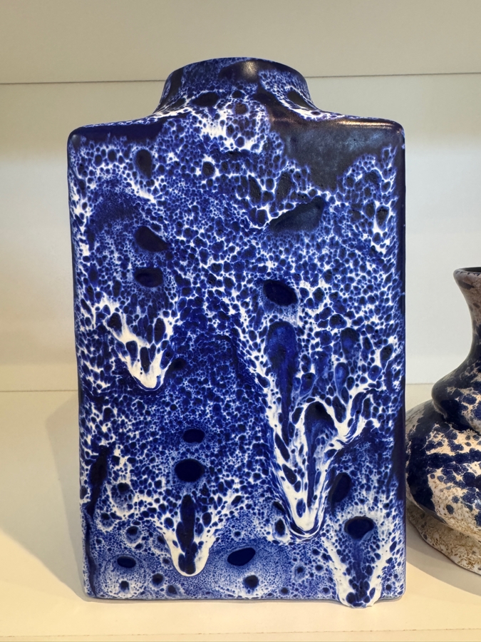Vintage West German ES Keramik And Marei Keramik Blue Fat Lava Vase Collection, Including ES Shape 660/21 Block Vase And Marei Scalloped Base Art Pottery, Circa 1960s-1970s 8.75'H And 6.75'H [Photo 3]