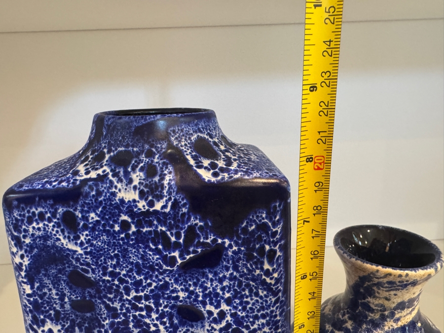 Vintage West German ES Keramik And Marei Keramik Blue Fat Lava Vase Collection, Including ES Shape 660/21 Block Vase And Marei Scalloped Base Art Pottery, Circa 1960s-1970s 8.75'H And 6.75'H [Photo 7]