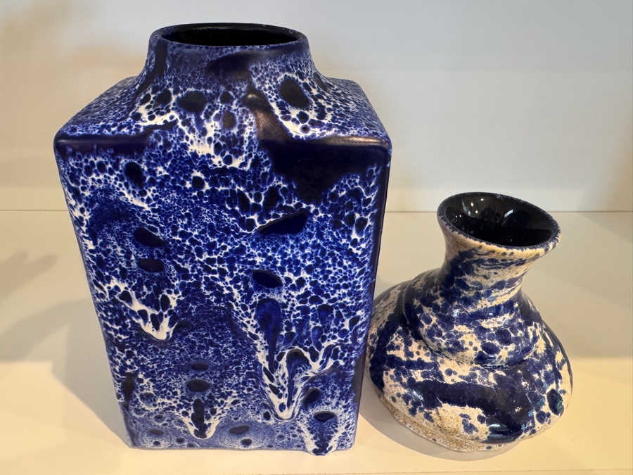 Vintage West German ES Keramik And Marei Keramik Blue Fat Lava Vase Collection, Including ES Shape 660/21 Block Vase And Marei Scalloped Base Art Pottery, Circa 1960s-1970s 8.75'H And 6.75'H [Photo 2]