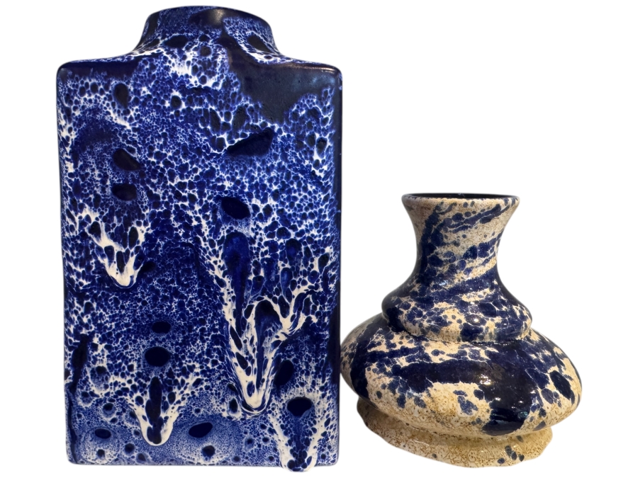 Vintage West German ES Keramik And Marei Keramik Blue Fat Lava Vase Collection, Including ES Shape 660/21 Block Vase And Marei Scalloped Base Art Pottery, Circa 1960s-1970s 8.75'H And 6.75'H