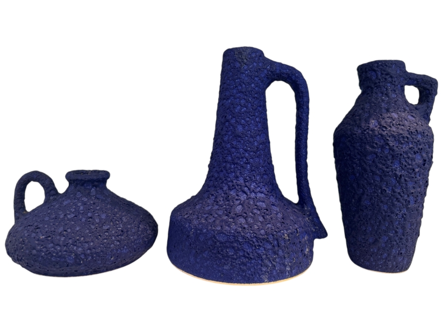 Vintage West German Silberdistel 'Yves Klein Blue' Fat Lava Pottery Vases, Set Of Three Volcanic Crusty Glaze Ceramics Including Shapes 322/15, 324/22, And 303/21, Mid-Century Modern, Circa 1960s-1970s 5.25' -9'H