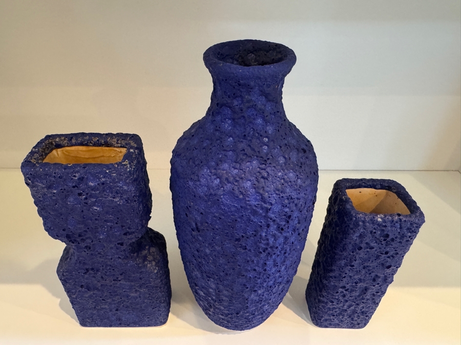 Vintage West German Silberdistel 'Yves Klein Blue' Fat Lava Pottery Vases, Set Of Three Including Shape 11/15 Brutalist Hourglass Vase, Model 123/20 Chimney Vase, And Model 324/22 Flared Vase, Circa 1960s-1970s [Photo 2]