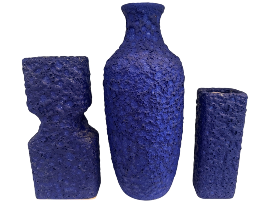 Vintage West German Silberdistel 'Yves Klein Blue' Fat Lava Pottery Vases, Set Of Three Including Shape 11/15 Brutalist Hourglass Vase, Model 123/20 Chimney Vase, And Model 324/22 Flared Vase, Circa 1960s-1970s