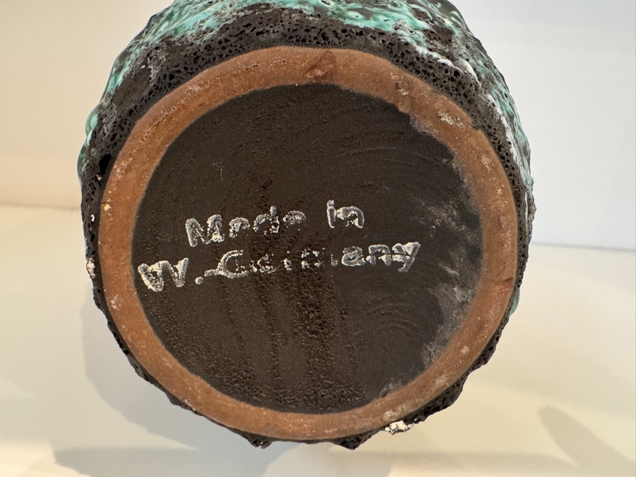 Vintage West German Marei Keramik 'Penguin' Series Fat Lava Vase, Features Red Terracotta Clay Body With Scalloped Foot Rim, Teal And Black Volcanic Crusty Glaze, Mid-Century Modern Art Pottery, Circa 1970s 7.75'H [Photo 4]