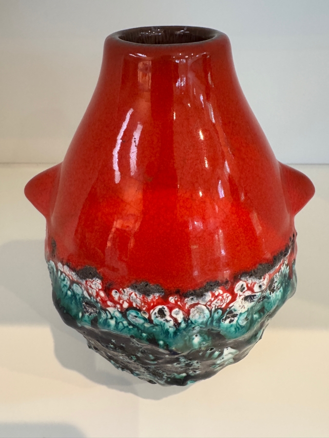 Vintage West German Marei Keramik 'Penguin' Series Fat Lava Vase, Features Red Terracotta Clay Body With Scalloped Foot Rim, Teal And Black Volcanic Crusty Glaze, Mid-Century Modern Art Pottery, Circa 1970s 7.75'H [Photo 2]