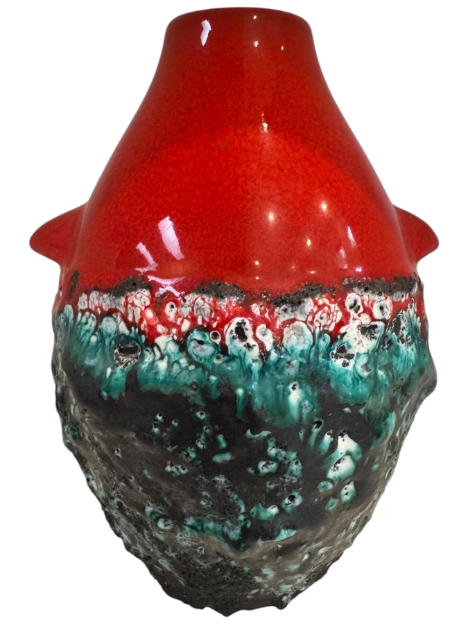 Vintage West German Marei Keramik 'Penguin' Series Fat Lava Vase, Features Red Terracotta Clay Body With Scalloped Foot Rim, Teal And Black Volcanic Crusty Glaze, Mid-Century Modern Art Pottery, Circa 1970s 7.75'H
