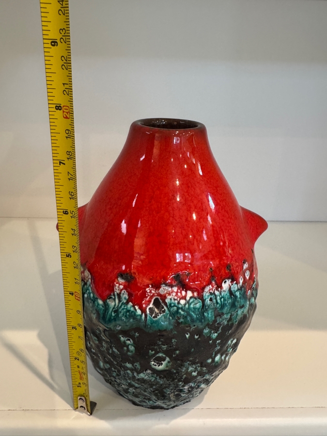Vintage West German Marei Keramik 'Penguin' Series Fat Lava Vase, Features Red Terracotta Clay Body With Scalloped Foot Rim, Teal And Black Volcanic Crusty Glaze, Mid-Century Modern Art Pottery, Circa 1970s 7.75'H [Photo 5]