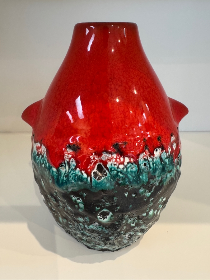 Vintage West German Marei Keramik 'Penguin' Series Fat Lava Vase, Features Red Terracotta Clay Body With Scalloped Foot Rim, Teal And Black Volcanic Crusty Glaze, Mid-Century Modern Art Pottery, Circa 1970s 7.75'H [Photo 3]