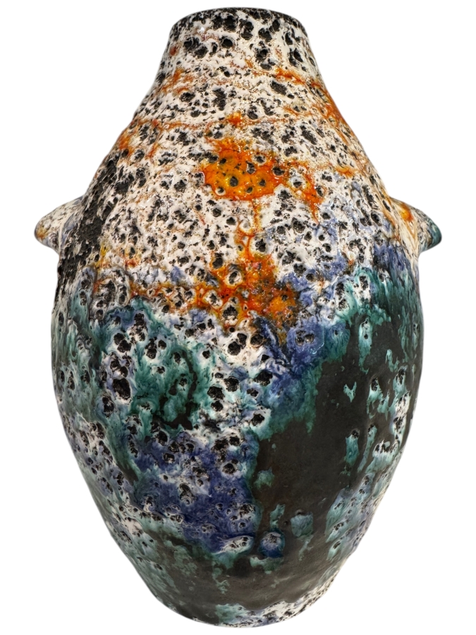 Vintage West German Marei Keramik Fat Lava 'Penguin' Vase, Shape 4104, Multicolored Volcanic Glaze With Orange, Blue, And Teal Accents, Mid-Century Modern Art Pottery, Circa 1970s 7.75'H
