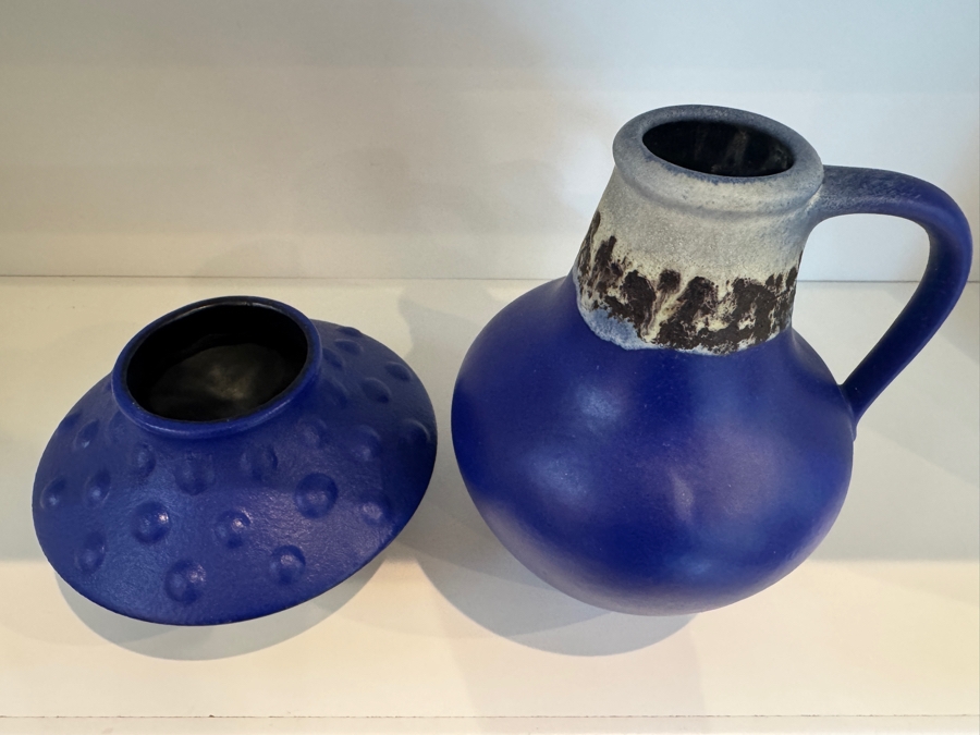 Vintage West German Cobalt Blue Art Pottery Collection Featuring Jasba Keramik Shape 1580 10 And Scheurich Keramik Shape 313 20, Mid-Century Modern Minimalist Glazed Vases, Circa 1960s 5.75'H And 8.25'H [Photo 3]