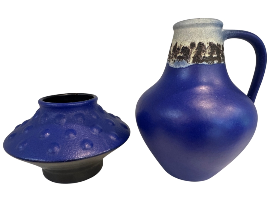 Vintage West German Cobalt Blue Art Pottery Collection Featuring Jasba Keramik Shape 1580 10 And Scheurich Keramik Shape 313 20, Mid-Century Modern Minimalist Glazed Vases, Circa 1960s 5.75'H And 8.25'H