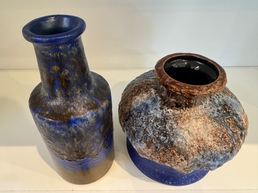 Vintage West German Fat Lava Pottery Collection Featuring Steuler Keramik Shape 142/20 Cylinder Vase And Dümler & Breiden Shape 644/15 Thistle Mark Vase, Mid-Century Modern Textured Glazes, Circa 1960s-1970s 6.75'H and 8.25'H [Photo 2]