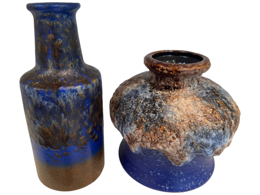 Vintage West German Fat Lava Pottery Collection Featuring Steuler Keramik Shape 142/20 Cylinder Vase And Dümler & Breiden Shape 644/15 Thistle Mark Vase, Mid-Century Modern Textured Glazes, Circa 1960s-1970s 6.75'H and 8.25'H