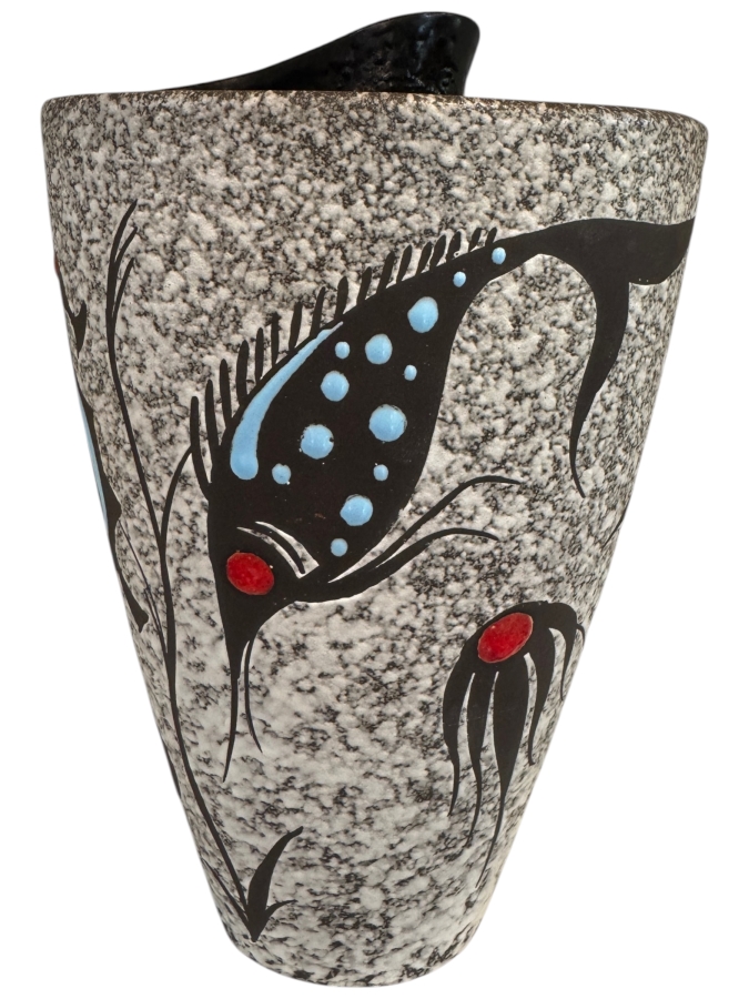 Vintage West German ES Keramik Hand-Painted Fish Motif Fat Lava Vase, Shape 152 27, Mid-Century Modern Underwater Botanical Decor, Circa 1960s 11.5'H