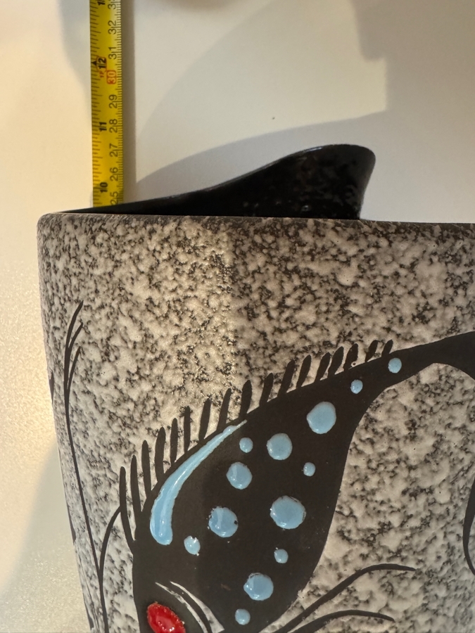 Vintage West German ES Keramik Hand-Painted Fish Motif Fat Lava Vase, Shape 152 27, Mid-Century Modern Underwater Botanical Decor, Circa 1960s 11.5'H [Photo 6]