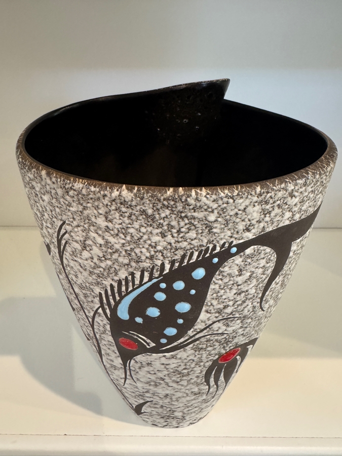 Vintage West German ES Keramik Hand-Painted Fish Motif Fat Lava Vase, Shape 152 27, Mid-Century Modern Underwater Botanical Decor, Circa 1960s 11.5'H [Photo 2]