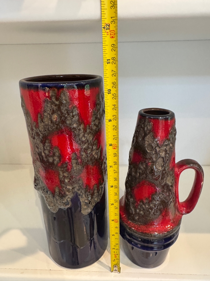 Vintage West German Scheurich Keramik Fat Lava Vase Collection, Including Shape 203-26 Cylinder And Shape 400-22 Handled Jug, Cobalt Blue And Red Volcanic Glaze, Circa 1960s-1970s 10.5'H And 9.5'H [Photo 7]