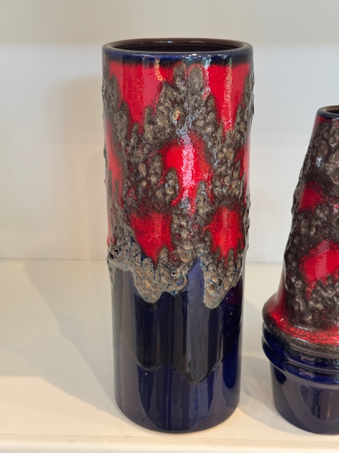 Vintage West German Scheurich Keramik Fat Lava Vase Collection, Including Shape 203-26 Cylinder And Shape 400-22 Handled Jug, Cobalt Blue And Red Volcanic Glaze, Circa 1960s-1970s 10.5'H And 9.5'H [Photo 3]