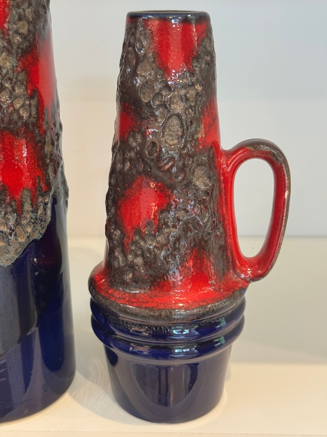 Vintage West German Scheurich Keramik Fat Lava Vase Collection, Including Shape 203-26 Cylinder And Shape 400-22 Handled Jug, Cobalt Blue And Red Volcanic Glaze, Circa 1960s-1970s 10.5'H And 9.5'H [Photo 4]
