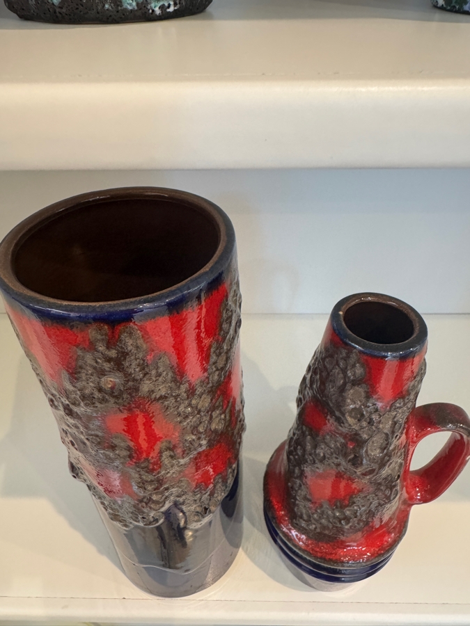 Vintage West German Scheurich Keramik Fat Lava Vase Collection, Including Shape 203-26 Cylinder And Shape 400-22 Handled Jug, Cobalt Blue And Red Volcanic Glaze, Circa 1960s-1970s 10.5'H And 9.5'H [Photo 2]